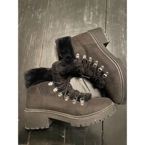 A New Day Womens Faux Fur Trim Lace Up Combat Boots Black Size 11 Lug Sole